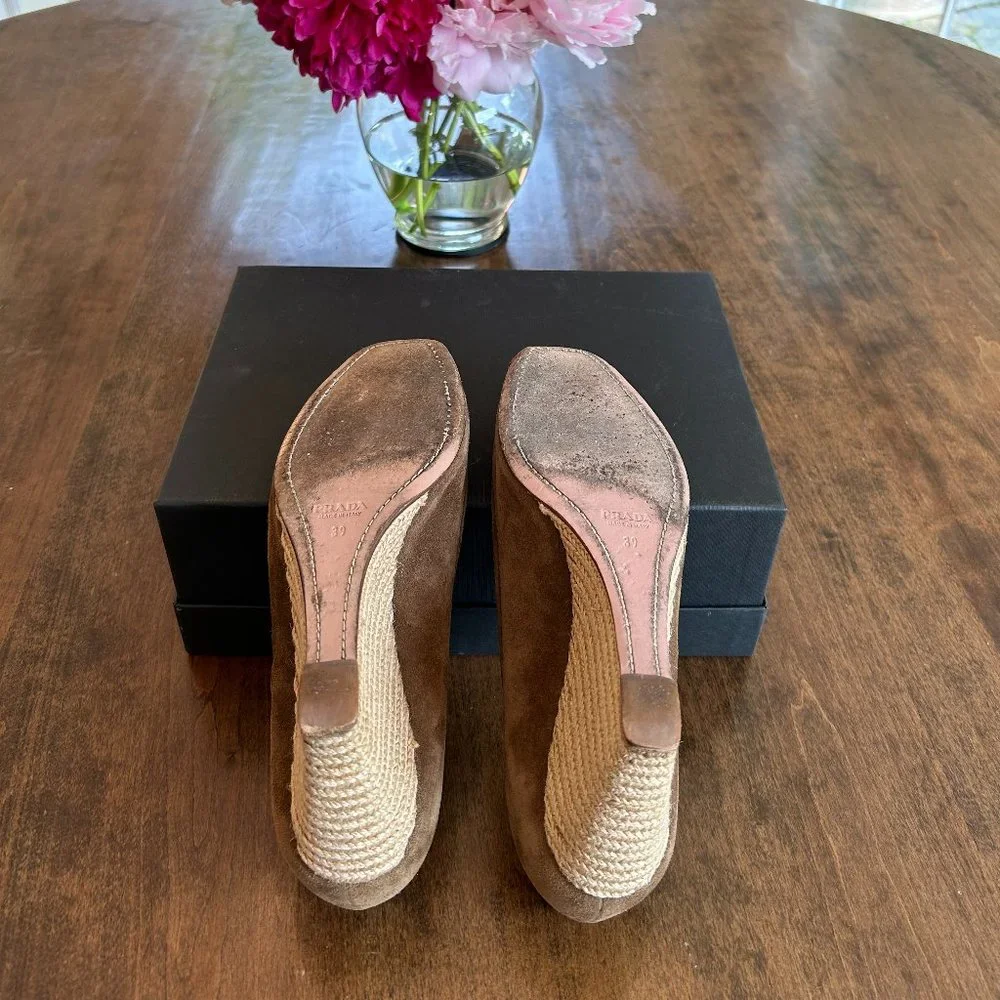 Prada Peep Toe Espadrille Wedges Brown Suede Size 39 / 9 - Picture 4 of 4